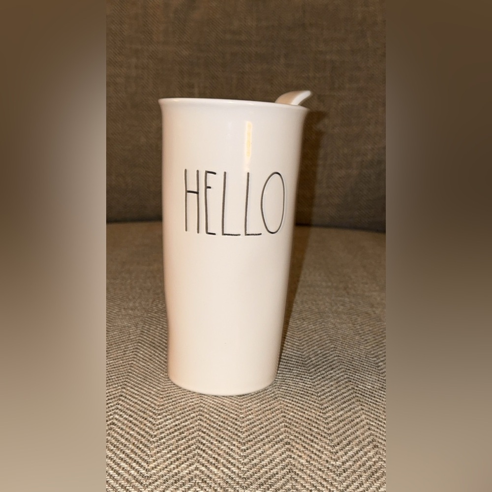 (EUC) Rae Dunn White Ceramic Travel Coffee Mug/Cup/Tumbler “HELLO” with Lid